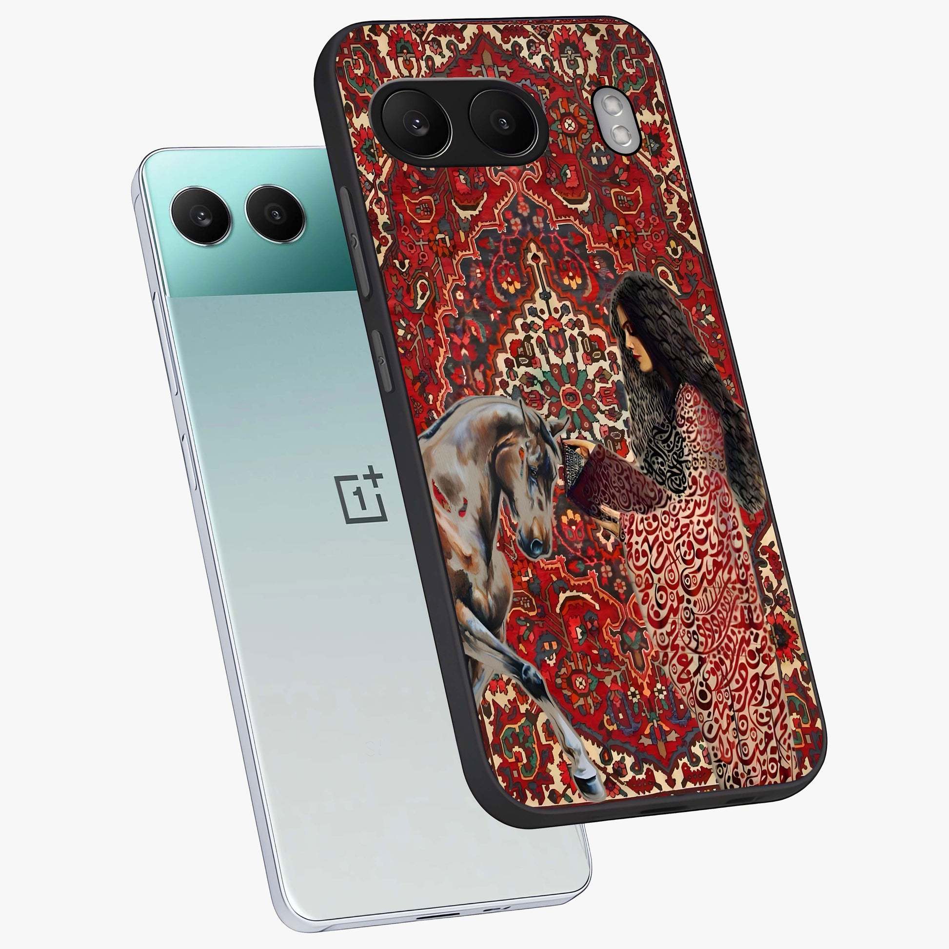 Girl With Horse Glass Case for 1+Nord 4 angled mockup showcasing glossy finish and serene countryside tones