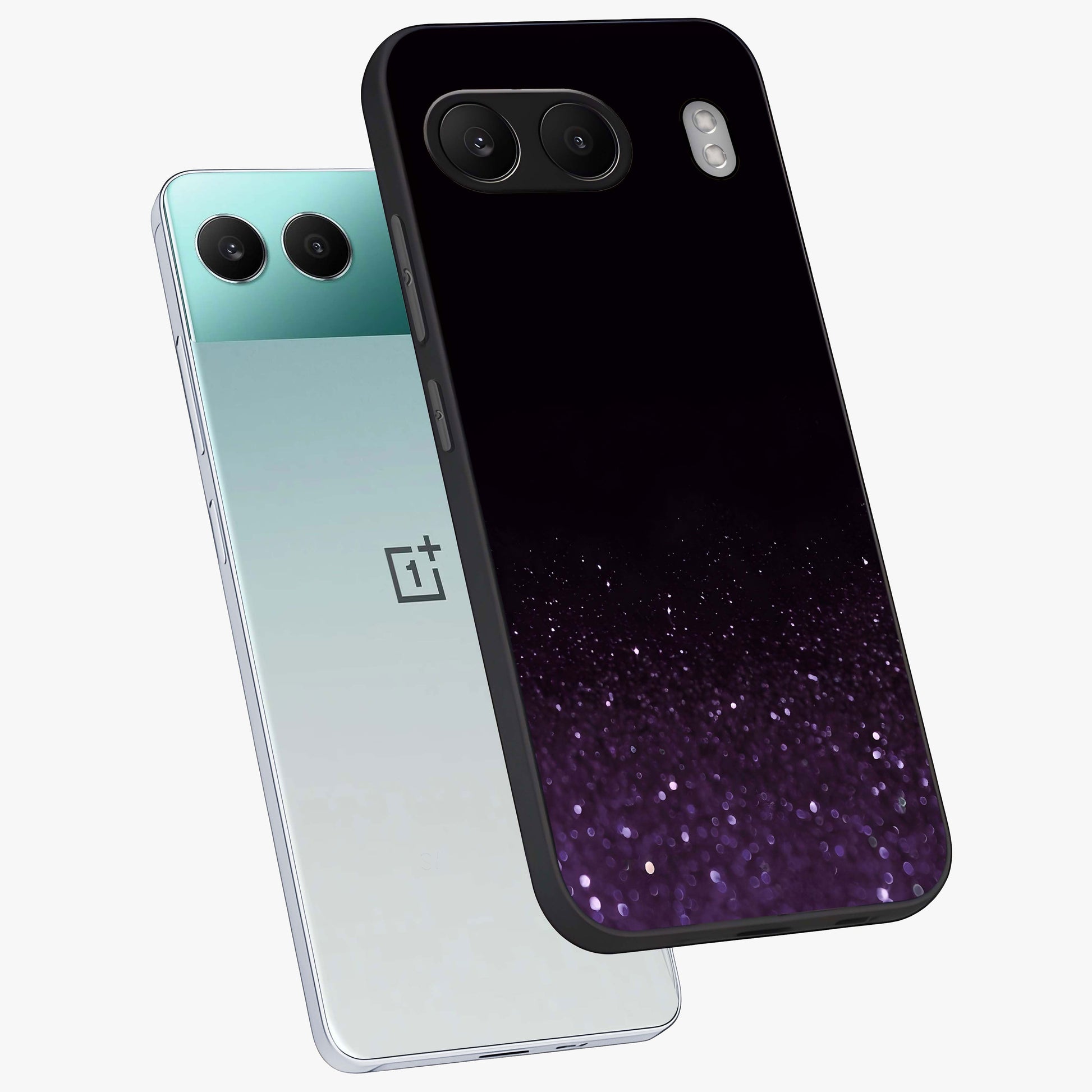 Glittery Purple Bokeh Glass Case for 1+Nord 4 angled mockup showcasing glossy finish and luminous shimmer tones