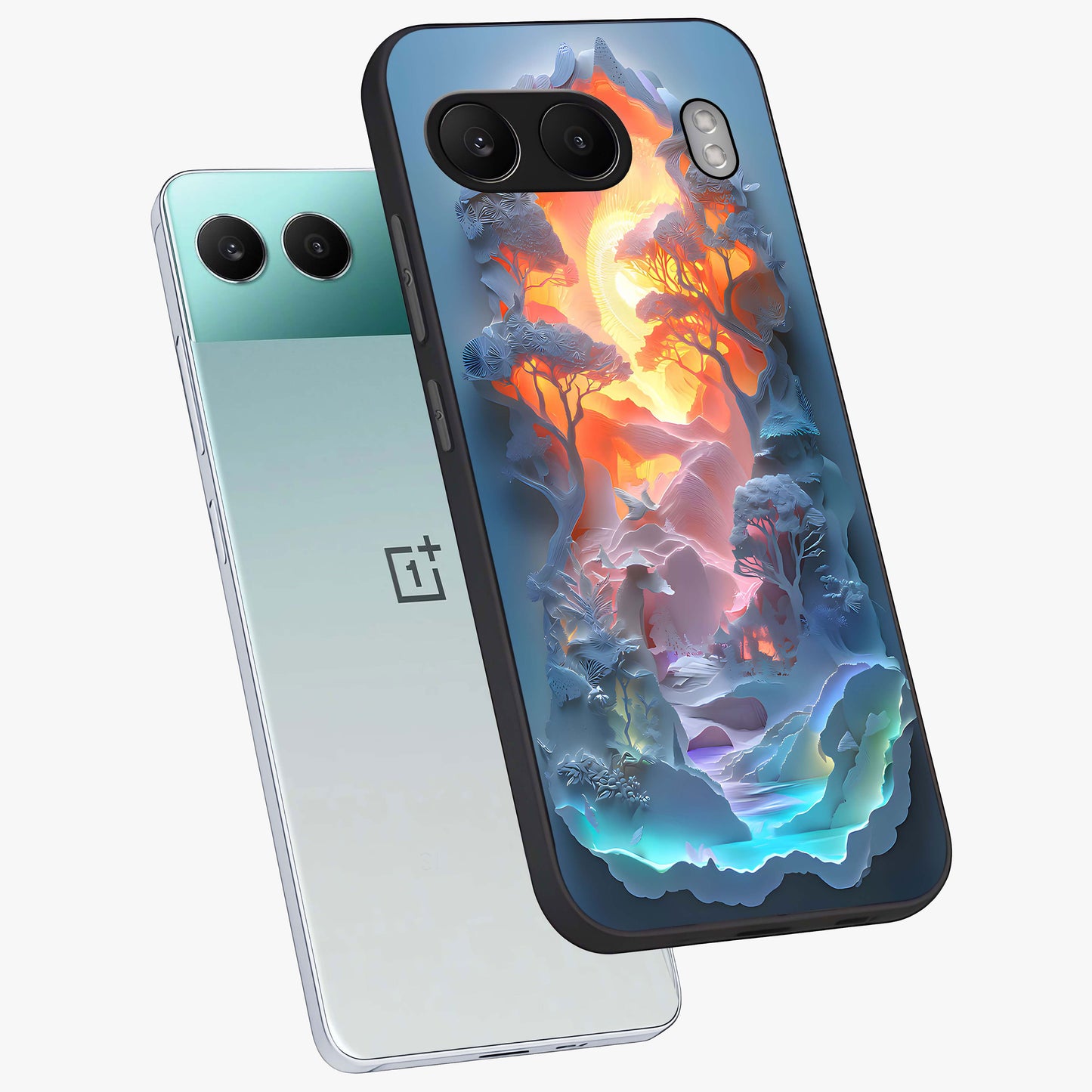 Glow Forest Portal Glass Case for 1+Nord 4 angled mockup showcasing glossy finish and luminous green tones