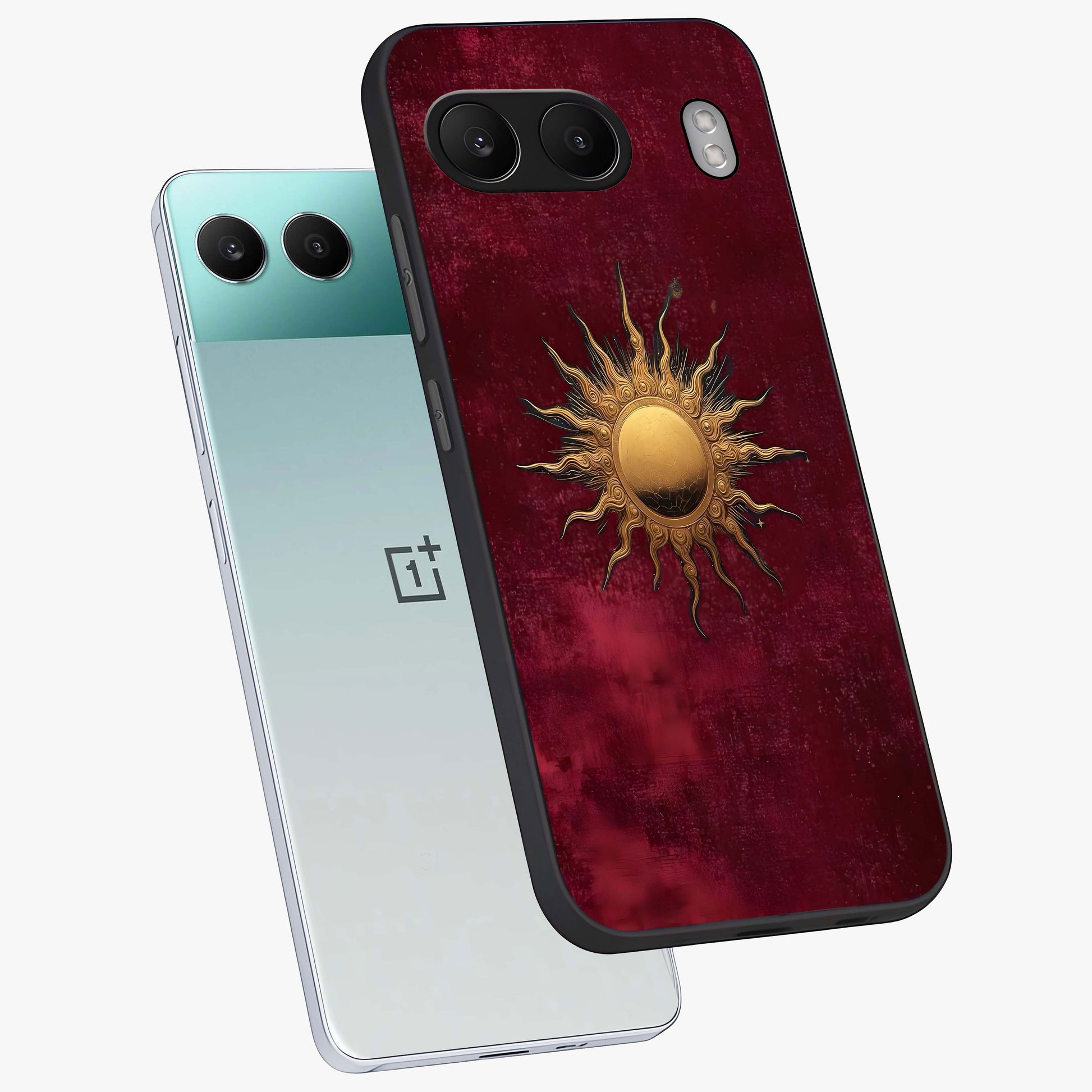 Gold Sun Blush Glass Case for 1+Nord 4 angled mockup showcasing glossy finish and soft blush tones