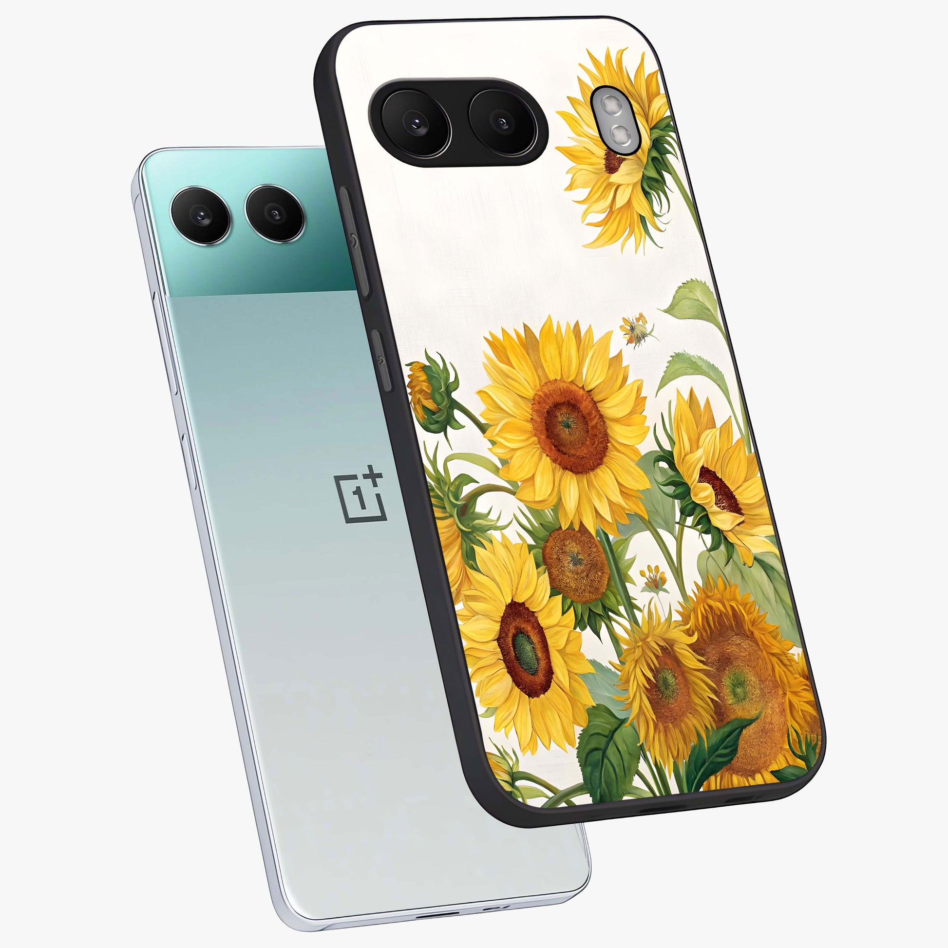Golden Bloom Fields Glass Case for 1+Nord 4 angled mockup showcasing glossy finish and warm golden gradients