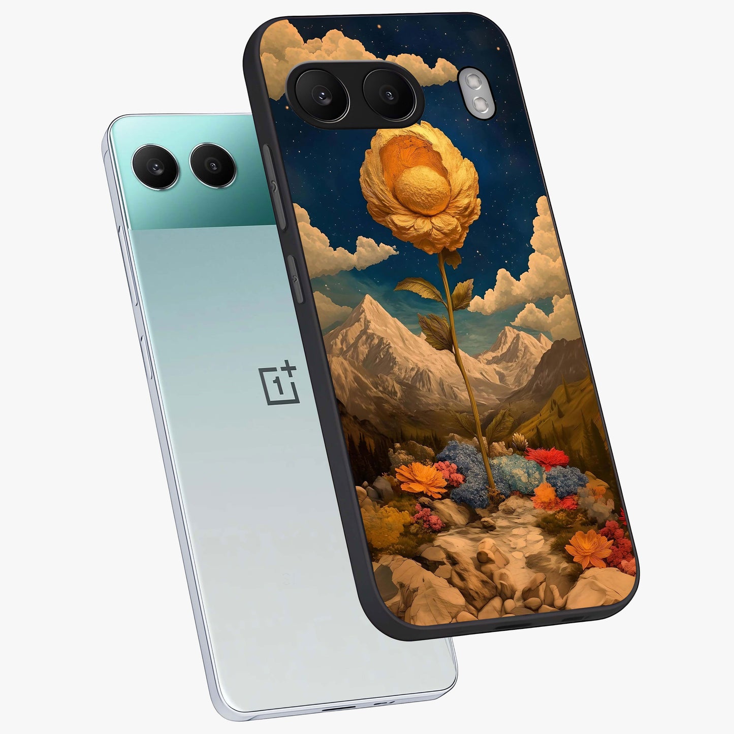 Golden Bloom Night Glass Case for 1+Nord 4 angled mockup showcasing glossy glass finish and rich night tones