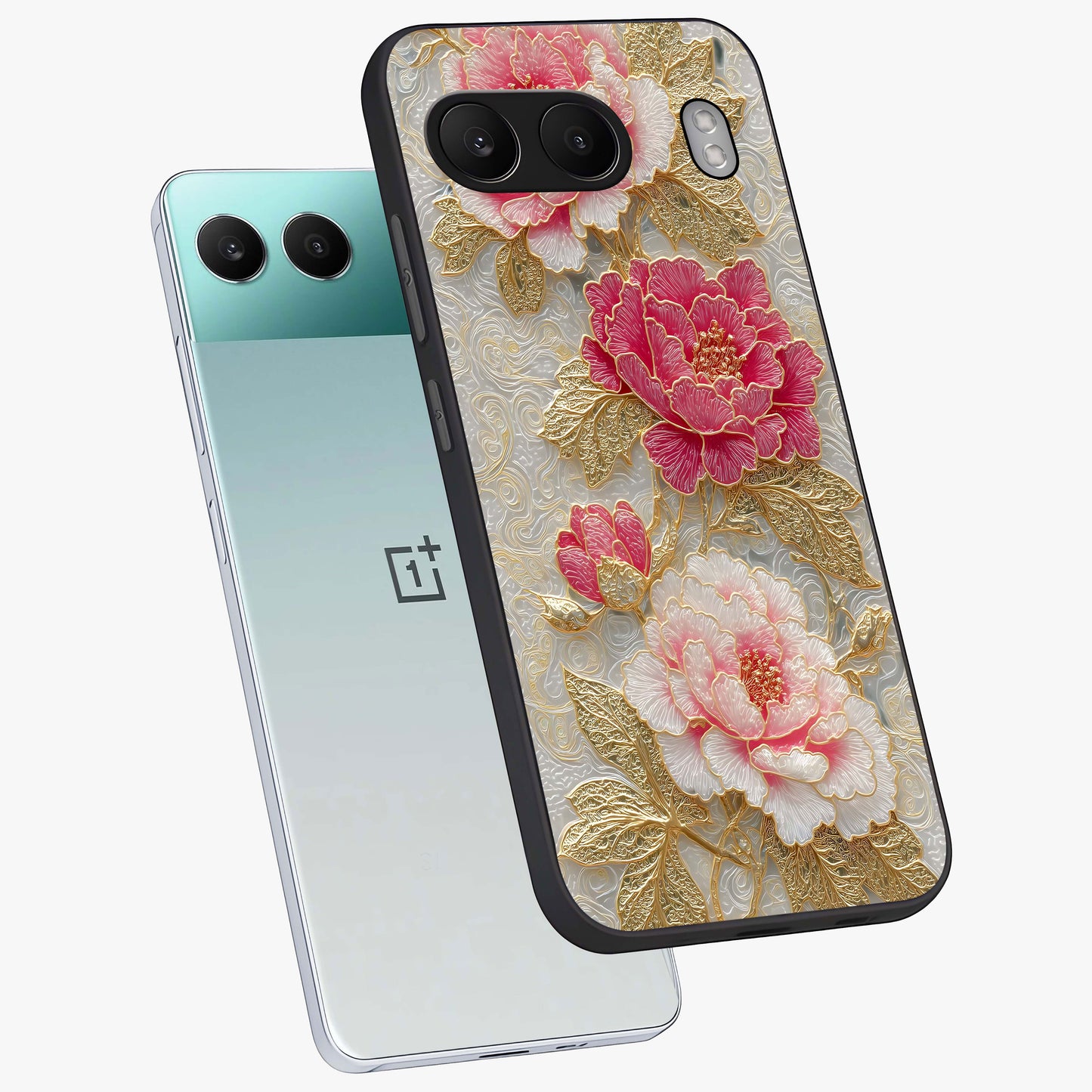 Golden Blossom Elegance Glass Case for 1+Nord 4 angled mockup showcasing glossy finish and luxurious bloom tones
