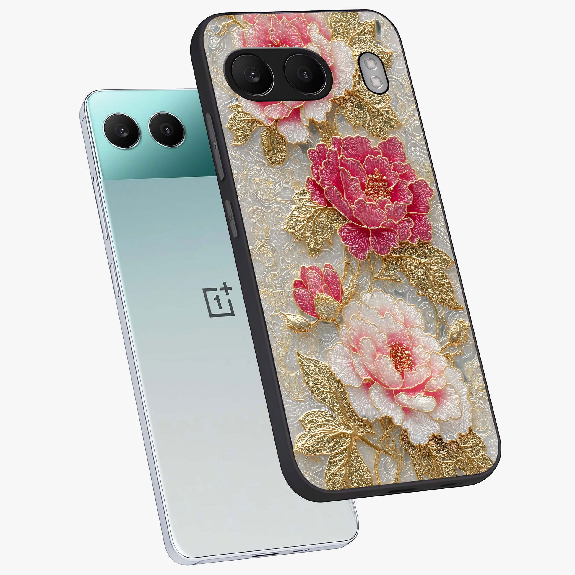 Golden Blossom Elegance Glass Case for 1+Nord 4 angled mockup showcasing glossy finish and luxurious bloom tones