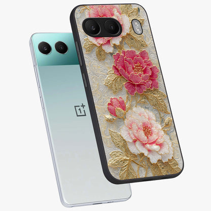 Golden Blossom Elegance Glass Case for 1+Nord 4 angled mockup showcasing glossy finish and luxurious bloom tones