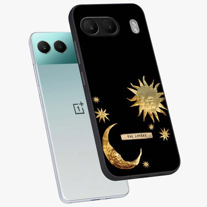 Golden Celestial Charm Glass Case for 1+Nord 4 angled mockup showcasing glossy finish and shimmering cosmic tones