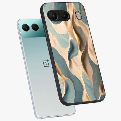 Golden Dune Waves Glass Case for 1+Nord 4 angled mockup showcasing glossy finish and smooth wave textures