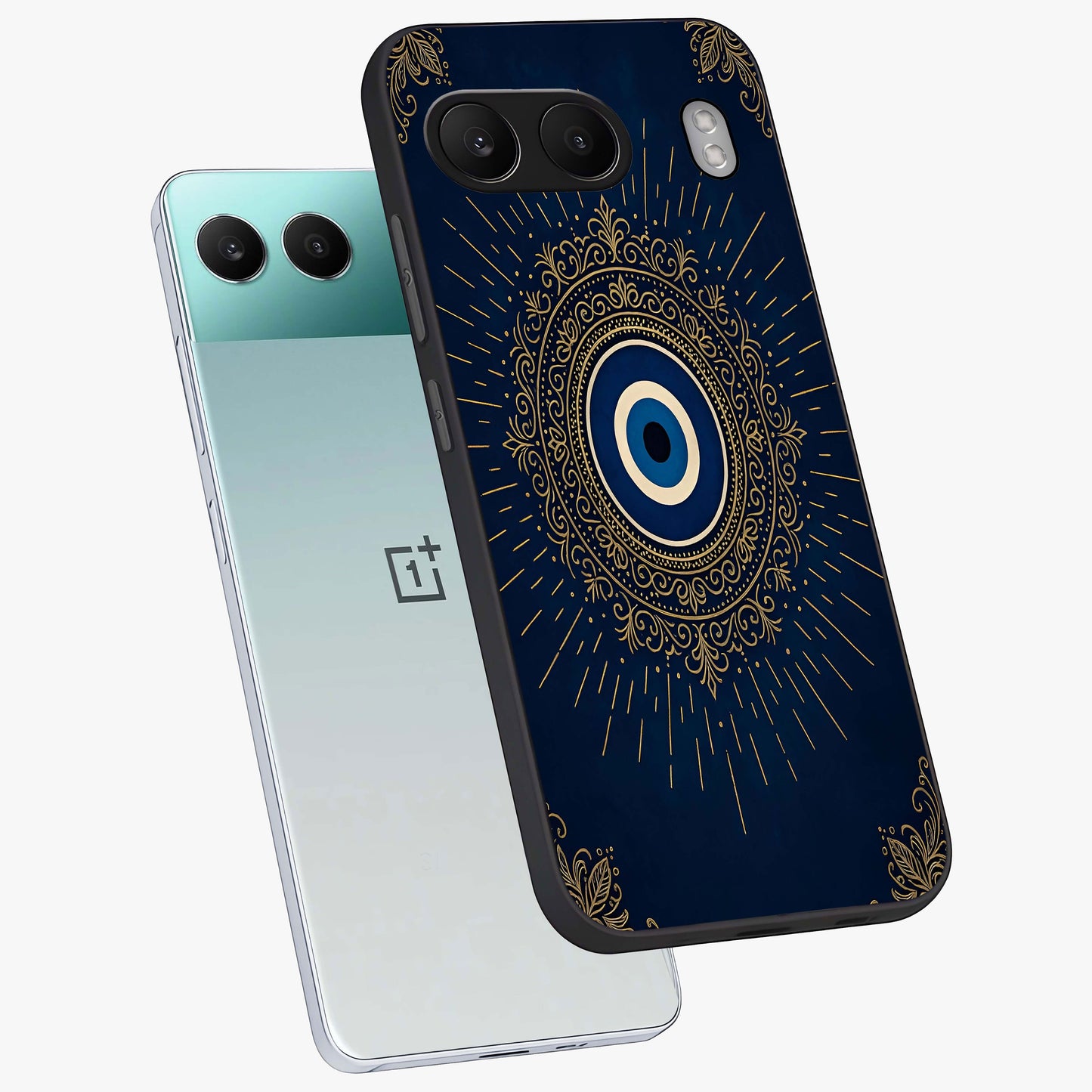 Golden Evil Eye Mandala Glass Case for 1+Nord 4 angled mockup showcasing glossy finish and detailed ornamental design