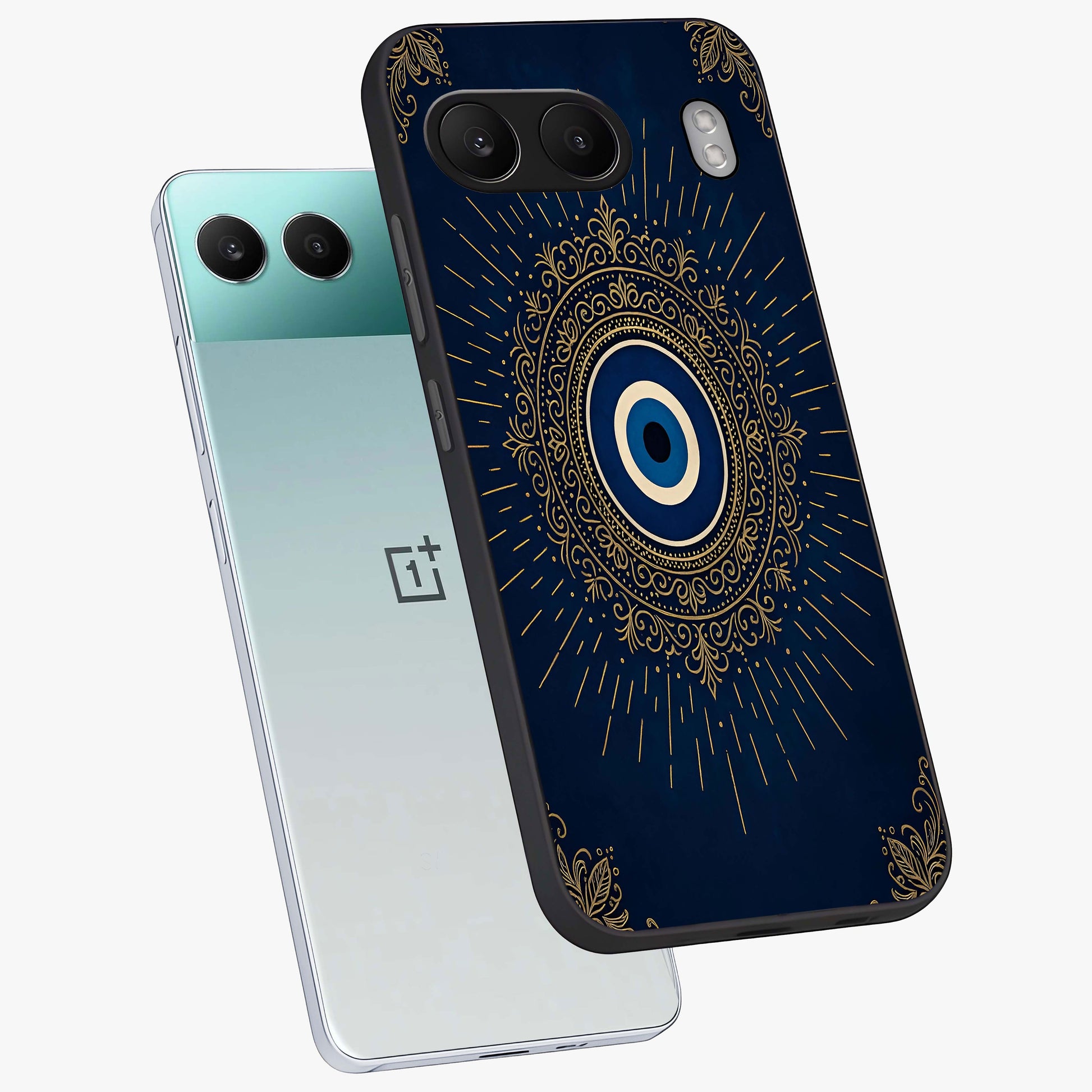 Golden Evil Eye Mandala Glass Case for 1+Nord 4 angled mockup showcasing glossy finish and detailed ornamental design