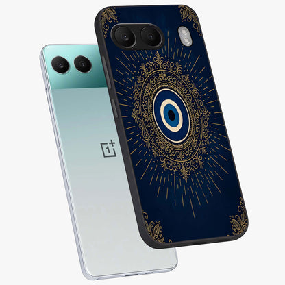 Golden Evil Eye Mandala Glass Case for 1+Nord 4 angled mockup showcasing glossy finish and detailed ornamental design