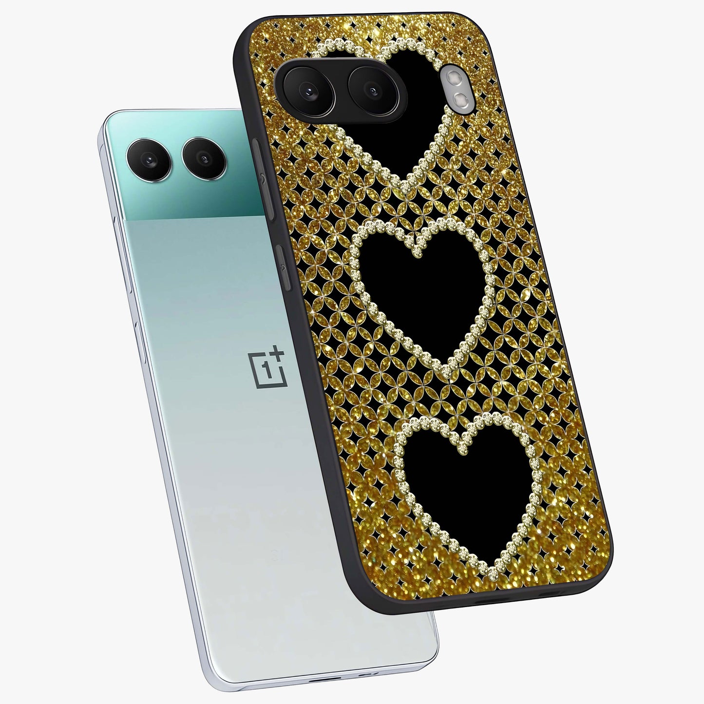 Golden Heart Glow Glass Case for 1+Nord 4 angled mockup showcasing glossy finish and radiant warm tones