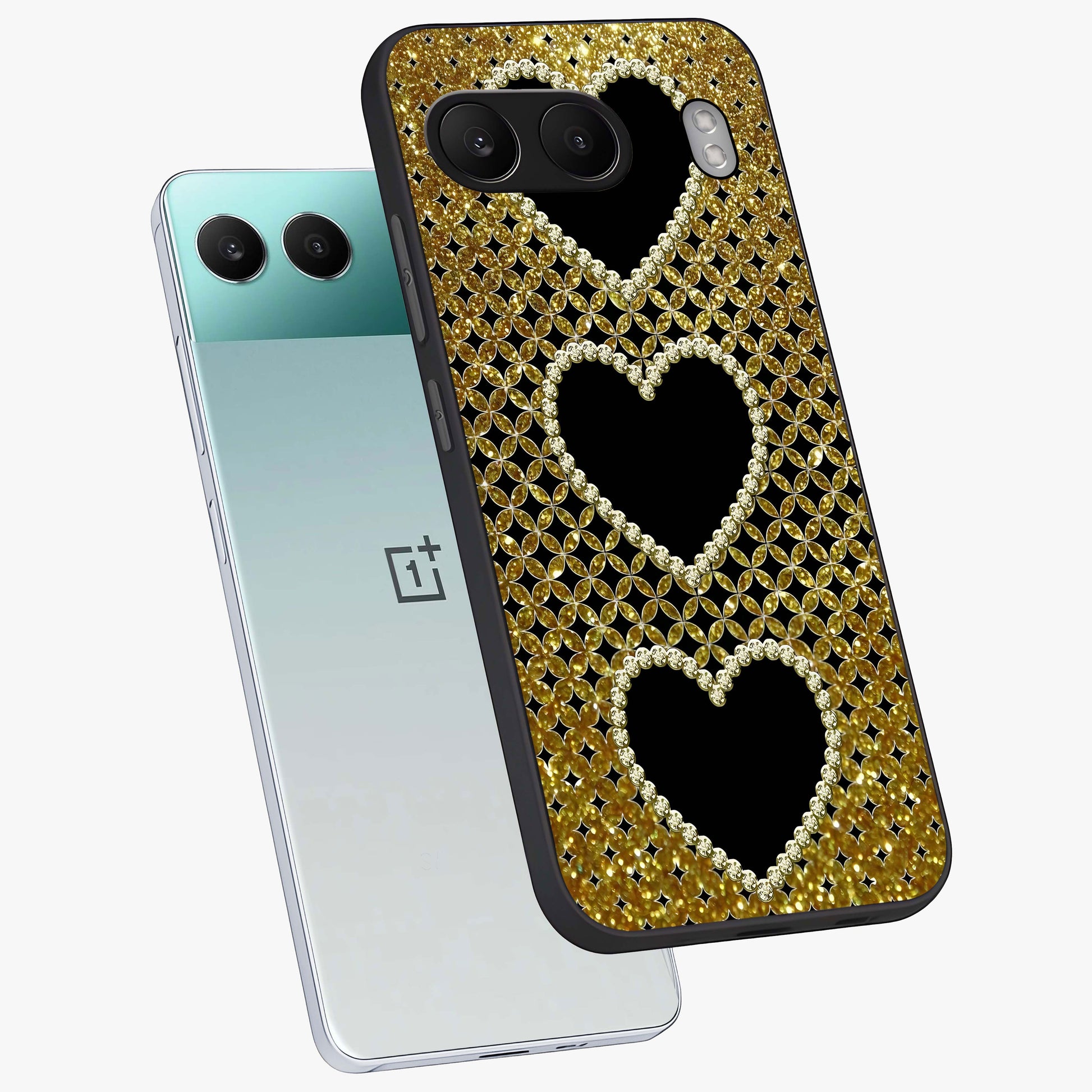 Golden Heart Glow Glass Case for 1+Nord 4 angled mockup showcasing glossy finish and radiant warm tones