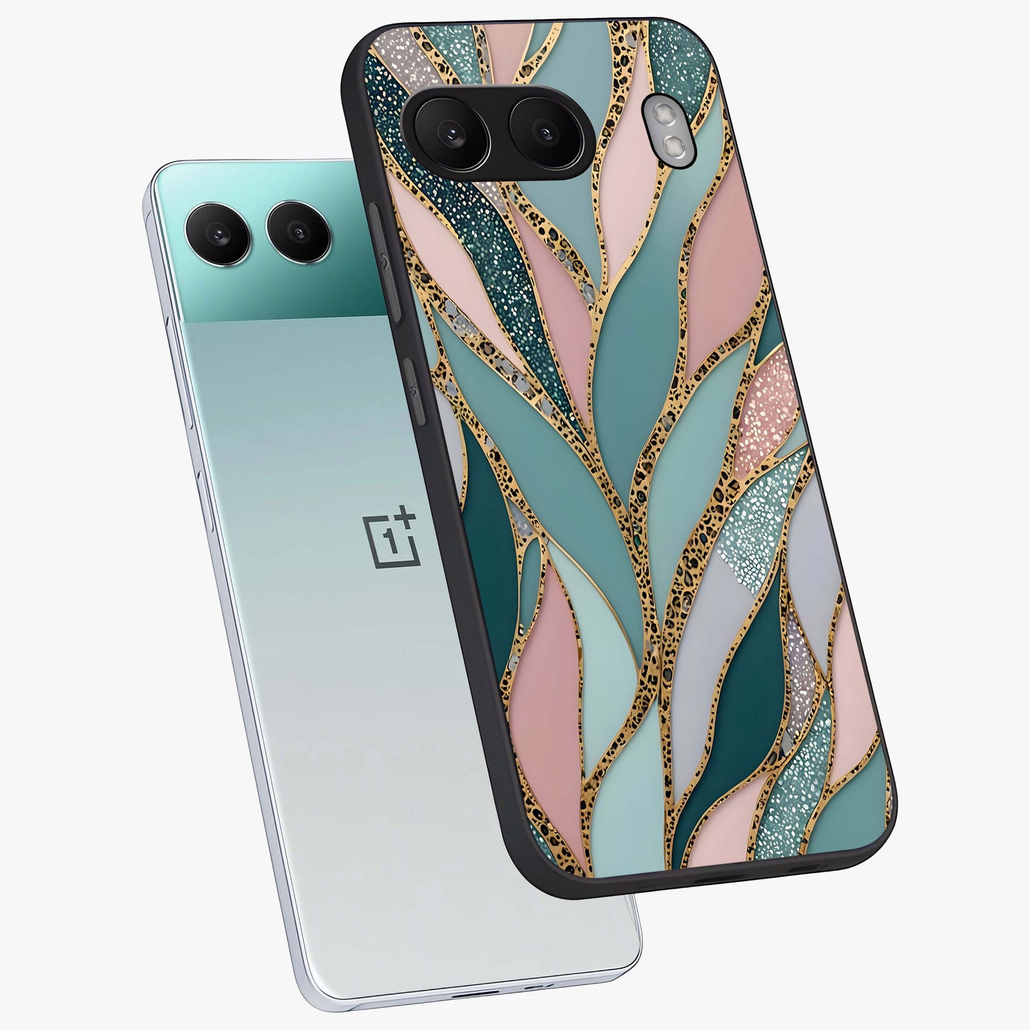 Golden Leaf Dreams Glass Case for 1+Nord 4 angled mockup showcasing glossy finish and refined botanical tones
