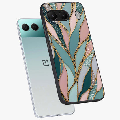 Golden Leaf Dreams Glass Case for 1+Nord 4 angled mockup showcasing glossy finish and refined botanical tones