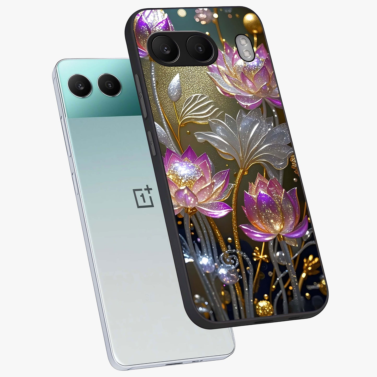 Golden Lotus Glow Glass Case for 1+Nord 4 angled mockup showcasing glossy finish and luminous spiritual tones