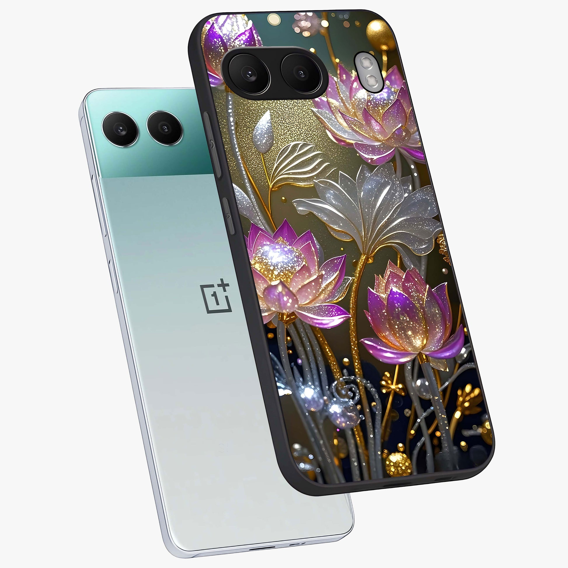 Golden Lotus Glow Glass Case for 1+Nord 4 angled mockup showcasing glossy finish and luminous spiritual tones