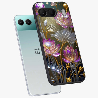 Golden Lotus Glow Glass Case for 1+Nord 4 angled mockup showcasing glossy finish and luminous spiritual tones