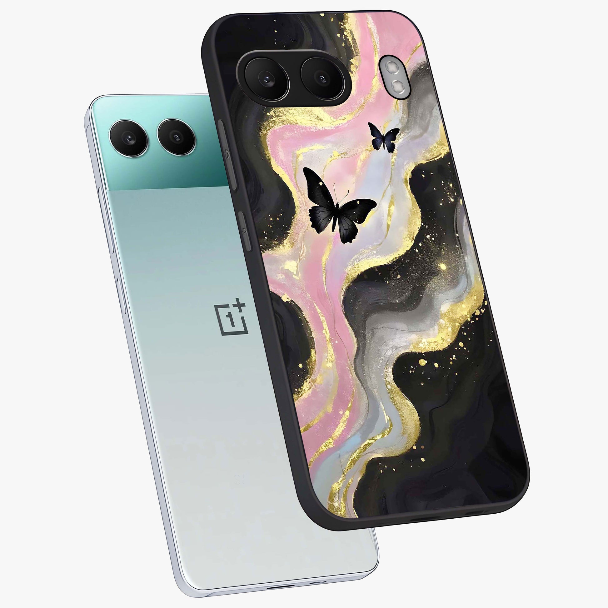 Golden Mist Butterflies Glass Case for 1+Nord 4 angled mockup showcasing glossy glass finish and luminous detailing