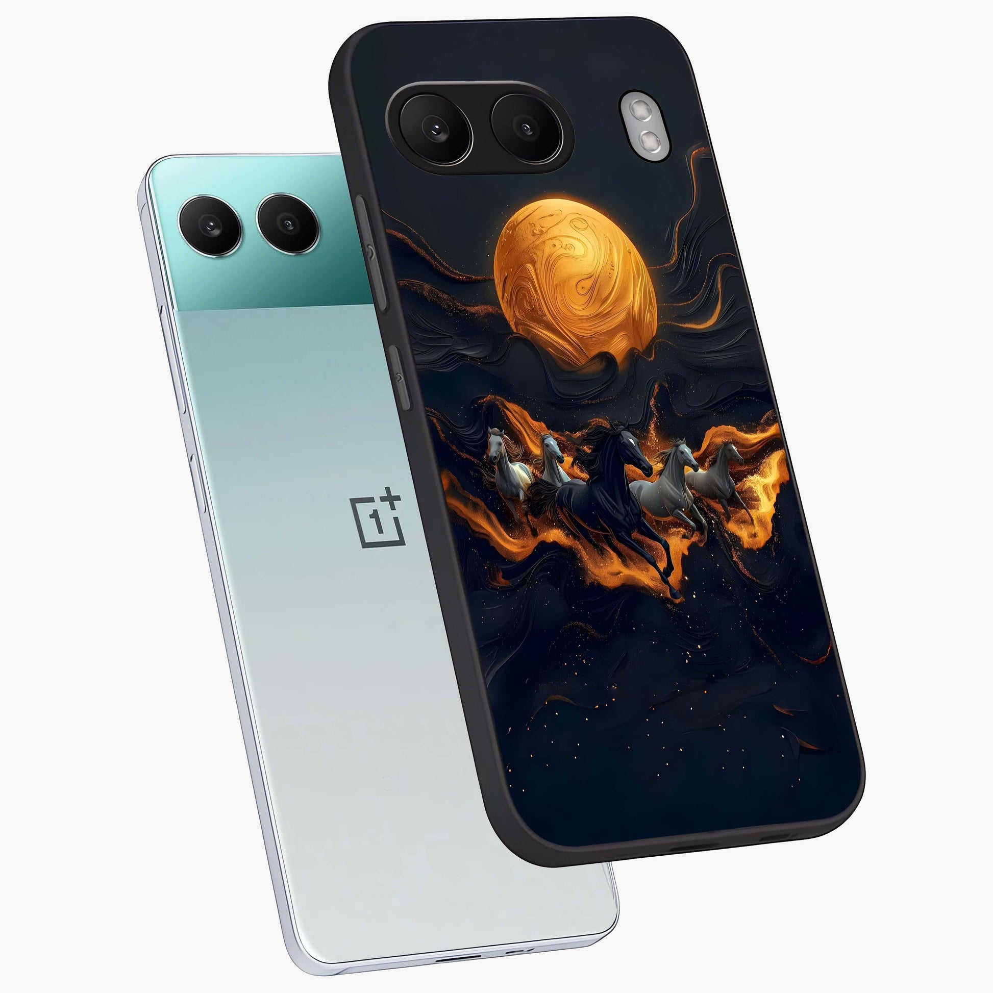Golden Stallion Moonride Glass Case for 1+Nord 4 angled mockup showcasing glossy finish and rich celestial tones