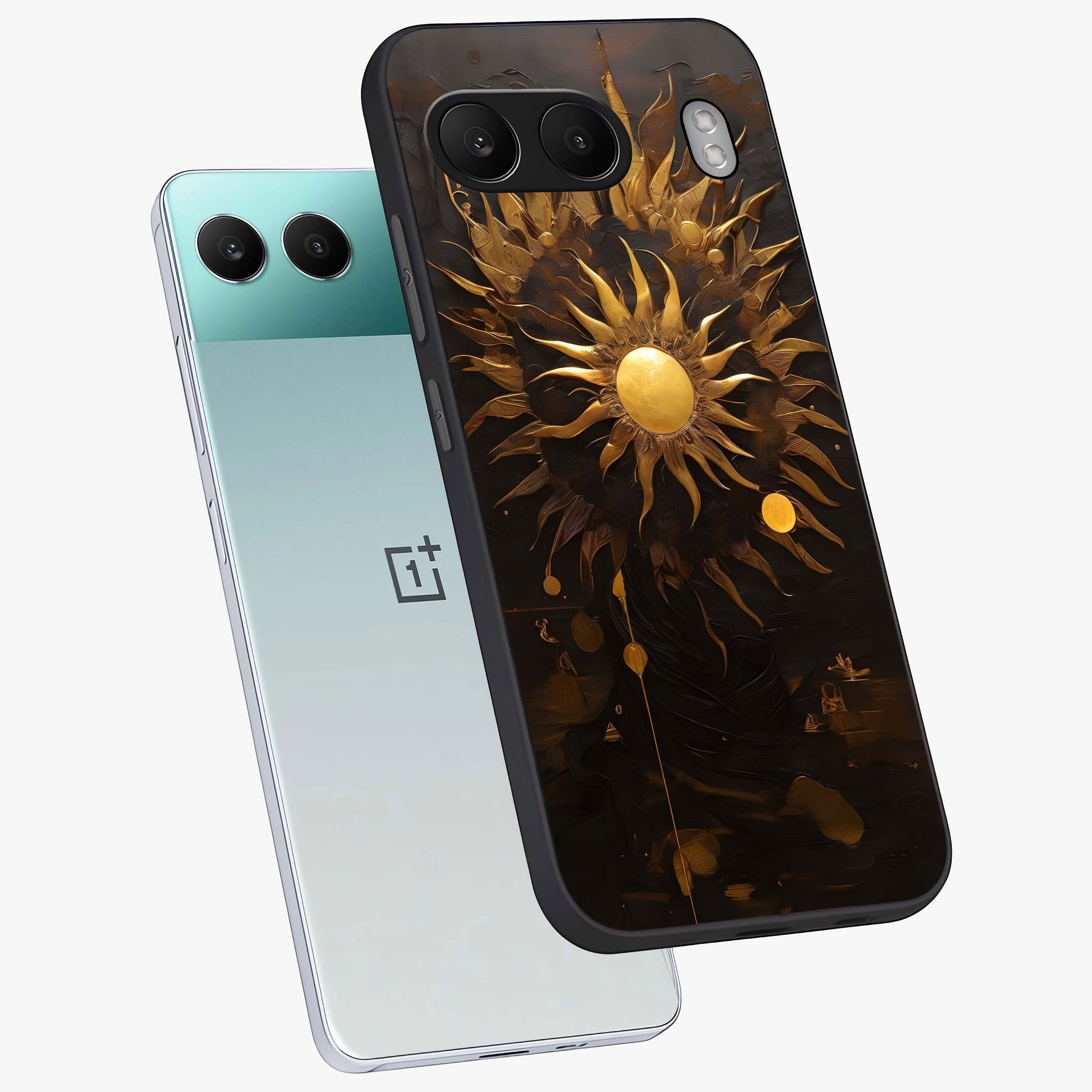 Golden Sun Majesty Glass Case for 1+Nord 4 angled mockup showcasing glossy finish and warm celestial gradients
