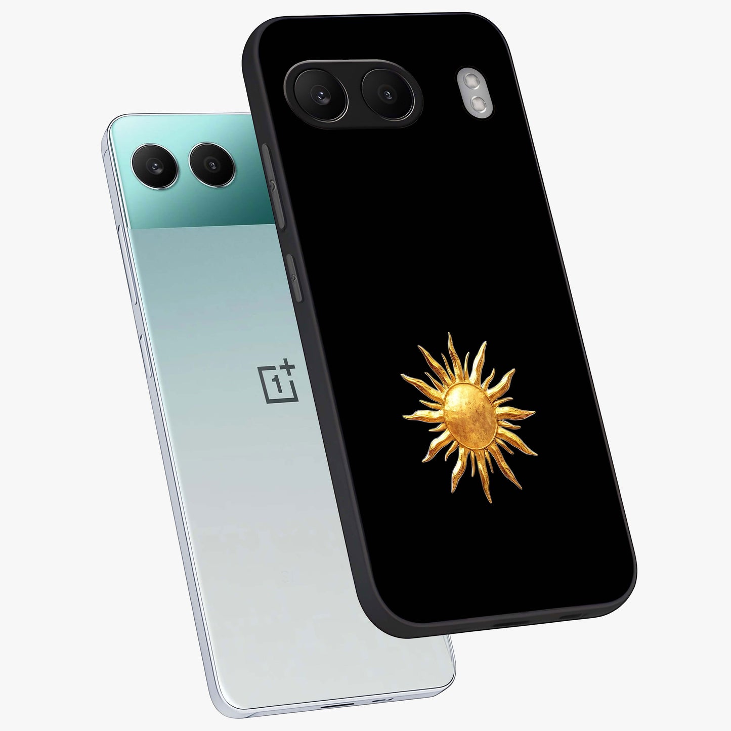 Golden Sun Minimalism Glass Case for 1+Nord 4 angled mockup showcasing glossy finish and subtle warm tones