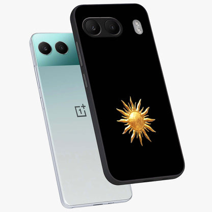 Golden Sun Minimalism Glass Case for 1+Nord 4 angled mockup showcasing glossy finish and subtle warm tones