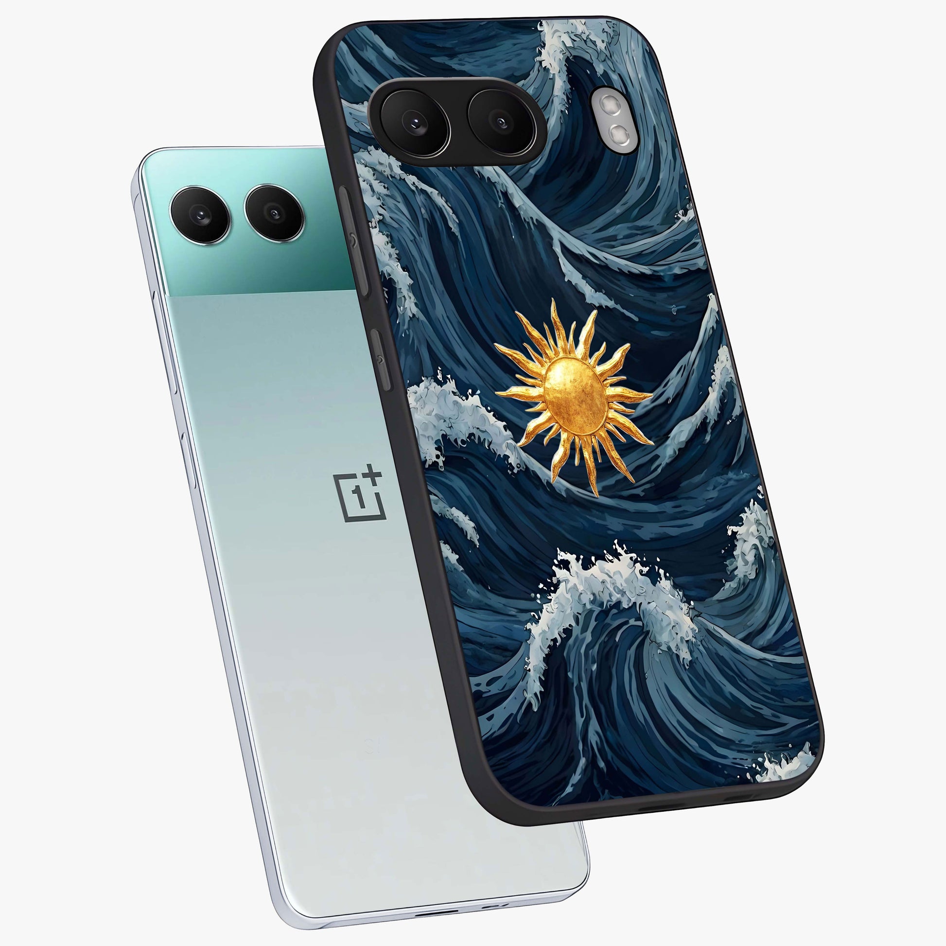 Golden Wave Rise Glass Case for 1+Nord 4 angled mockup showcasing glossy finish and fluid motion detailing