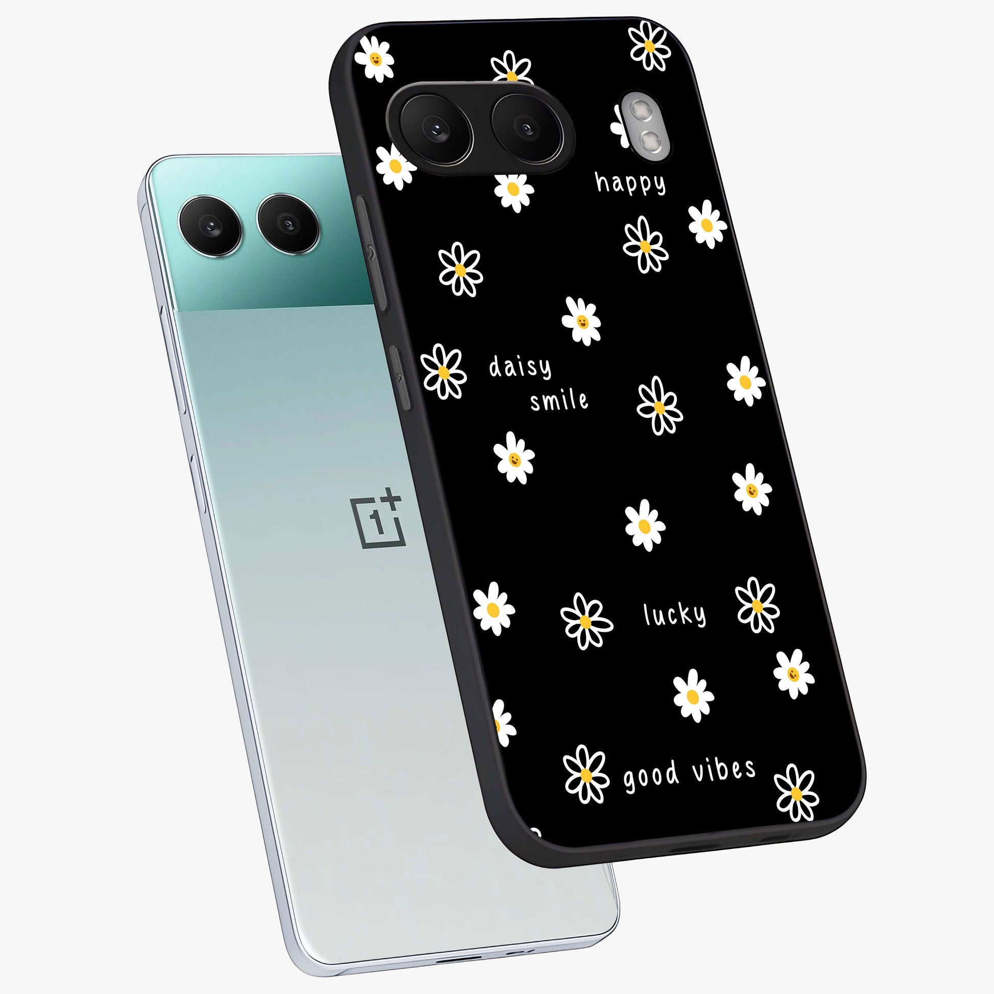 Good Vibes Daisy Black Pattern Glass Case for 1+Nord 4 angled mockup showcasing glossy finish and bold floral contrast