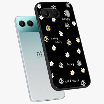 Good Vibes Daisy Black Pattern Glass Case for 1+Nord 4 angled mockup showcasing glossy finish and bold floral contrast