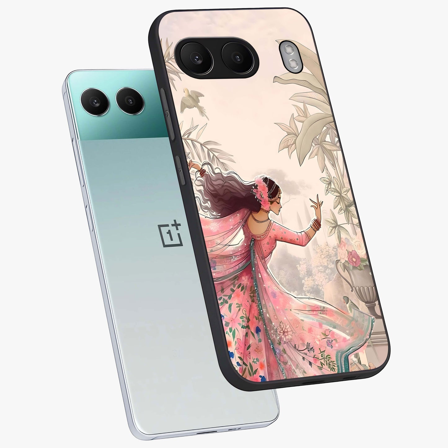 Graceful Garden Rhythm Glass Case for 1+Nord 4 angled mockup showcasing glossy glass finish and soft bloom detailing