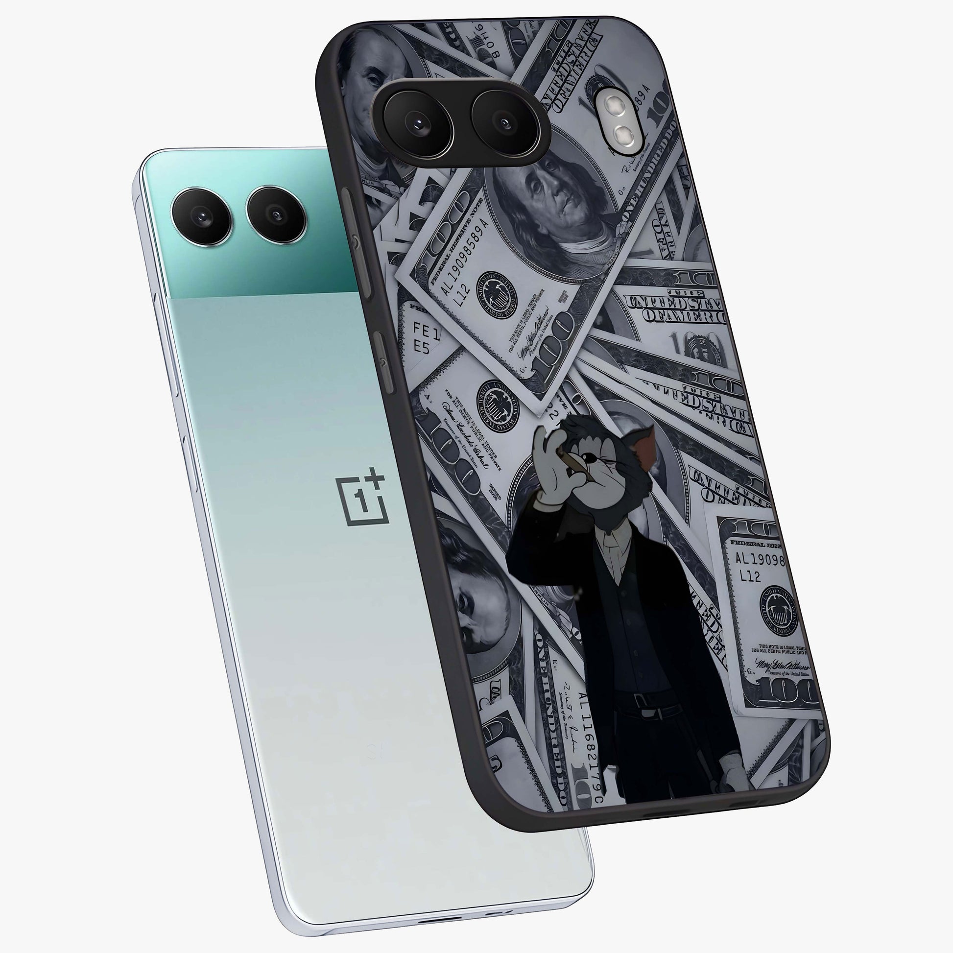 Greedy Fortune Cat Glass Case for 1+Nord 4 angled mockup showcasing glossy finish and vibrant character detailing