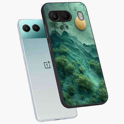 Green Hills With Sun Glass Case for 1+Nord 4 angled mockup showcasing glossy finish and natural gradient tones