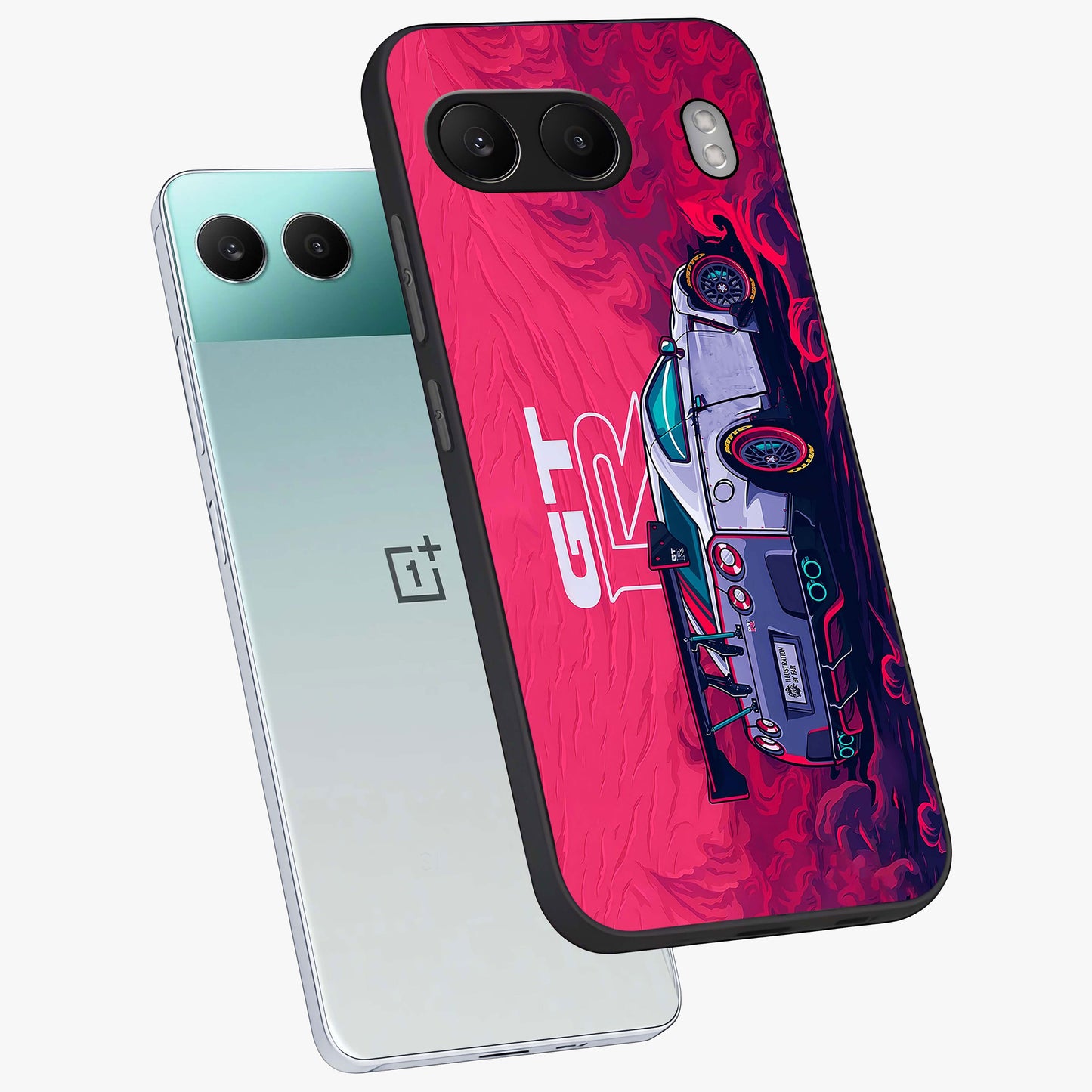 Gt R Car Pattern Glass Case for 1+Nord 4 angled mockup showcasing glossy finish and sporty detailing