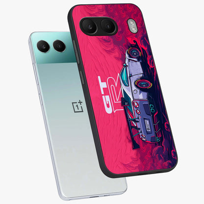 Gt R Car Pattern Glass Case for 1+Nord 4 angled mockup showcasing glossy finish and sporty detailing