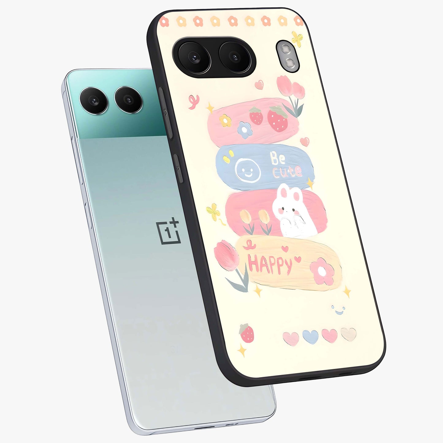 Happy Cute Bunny Glass Case for 1+Nord 4 angled mockup showcasing glossy finish and soft pastel tones