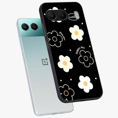 Happy Day Daisy Glass Case for 1+Nord 4 angled mockup showcasing glossy finish and vibrant bloom tones