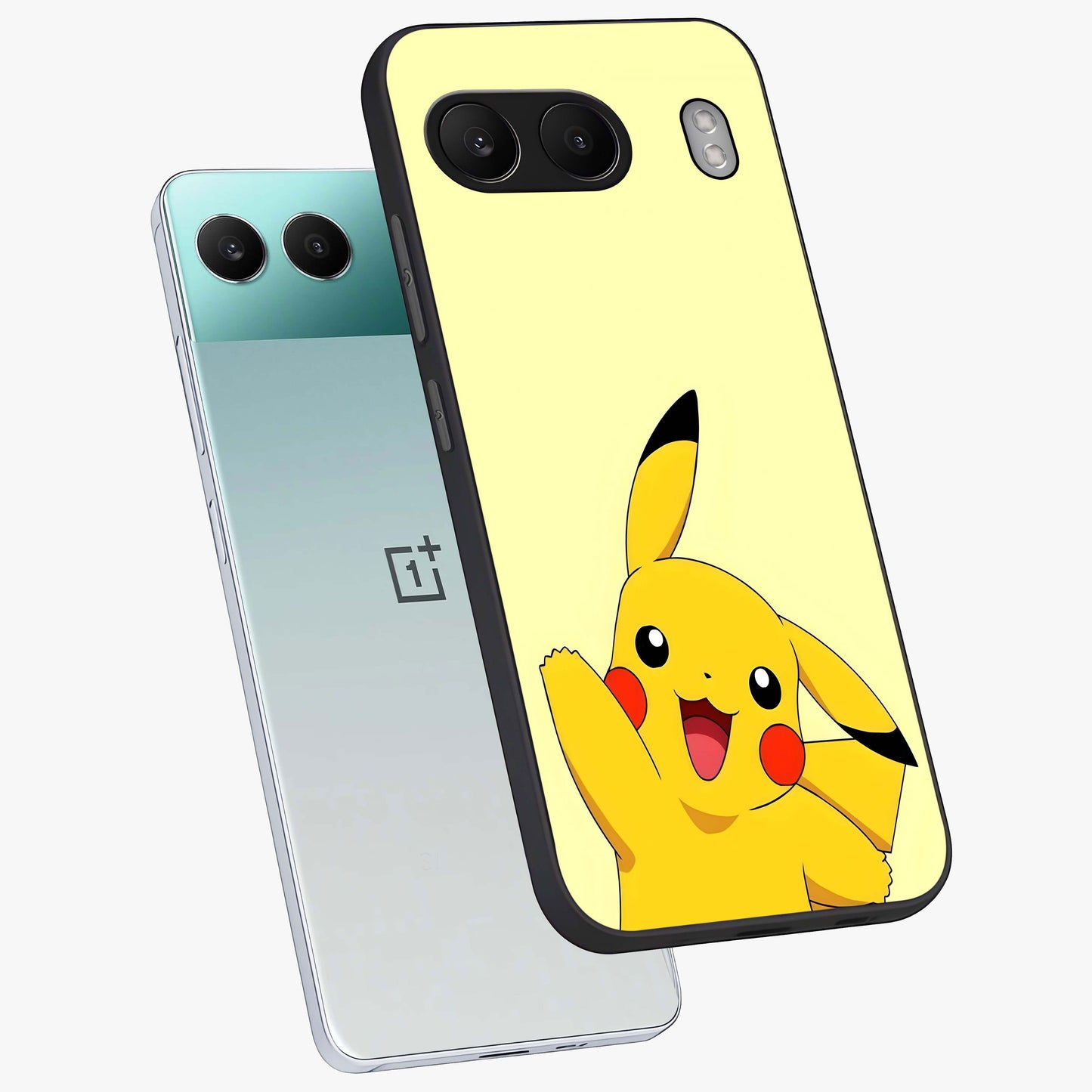 Happy Electric Pikachu Glass Case for 1+Nord 4 angled mockup showcasing glossy finish and vibrant yellow tones
