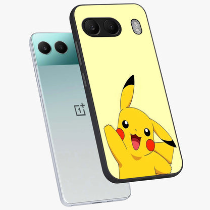 Happy Electric Pikachu Glass Case for 1+Nord 4 angled mockup showcasing glossy finish and vibrant yellow tones