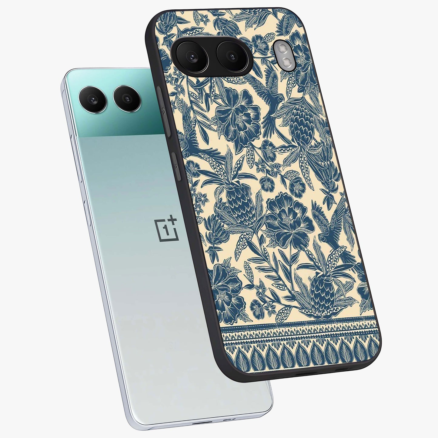 Heirloom Wild Bloom Glass Case for 1+Nord 4 angled mockup showcasing glossy finish and rich botanical textures