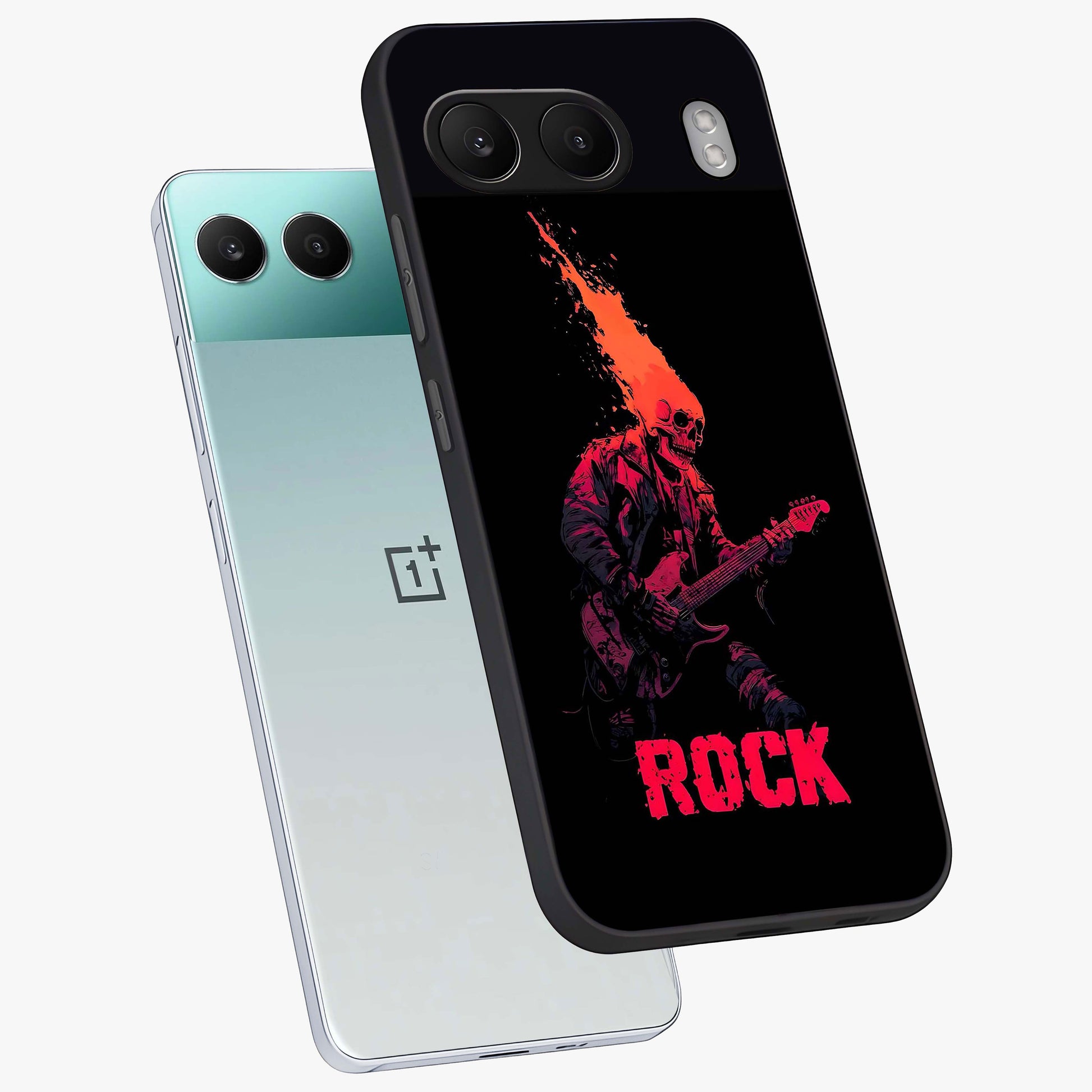 Hellfire Rock Anthem Glass Case for 1+Nord 4 captured at a warm angle highlighting bold flame tones, gloss, and edge clarity.