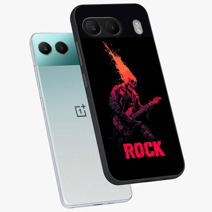 Hellfire Rock Anthem Glass Case for 1+Nord 4 captured at a warm angle highlighting bold flame tones, gloss, and edge clarity.