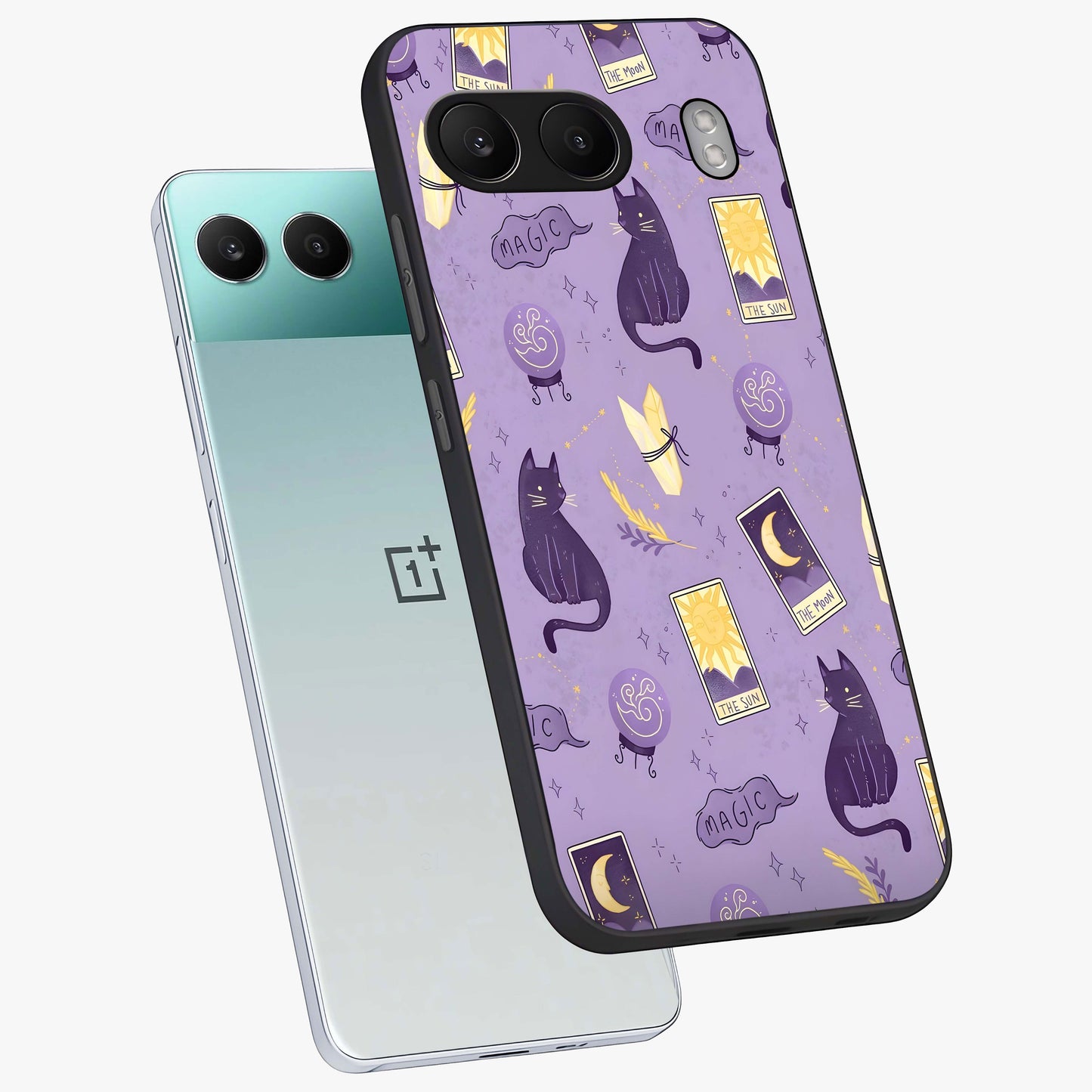 Humble Magic Cats Glass Case for 1+Nord 4 captured at a warm angle highlighting playful magical details, gloss, and edge clarity.