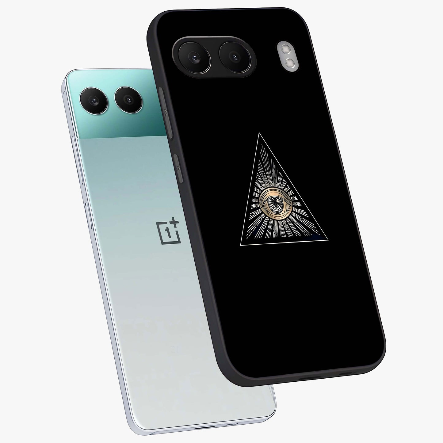 Illuminati Evil Glass Case for 1+Nord 4 captured at a warm angle highlighting sharp graphic details, gloss, and edge clarity.