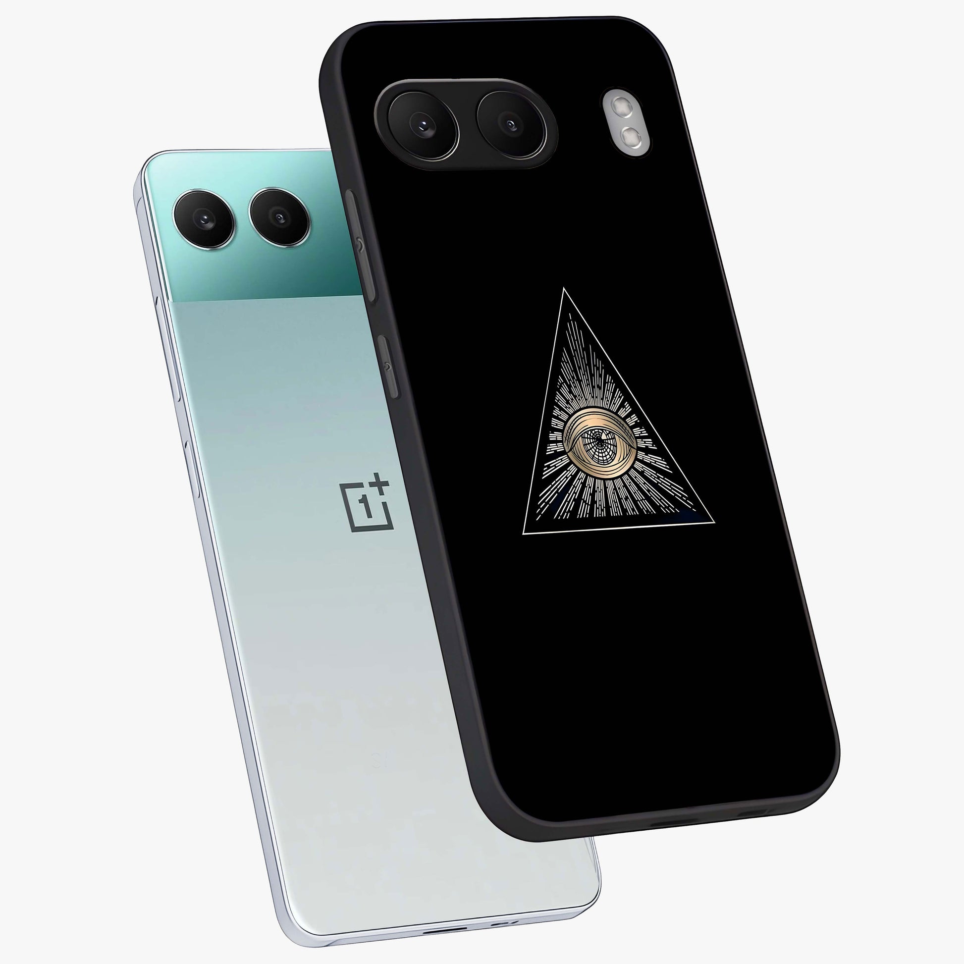 Illuminati Evil Glass Case for 1+Nord 4 captured at a warm angle highlighting sharp graphic details, gloss, and edge clarity.