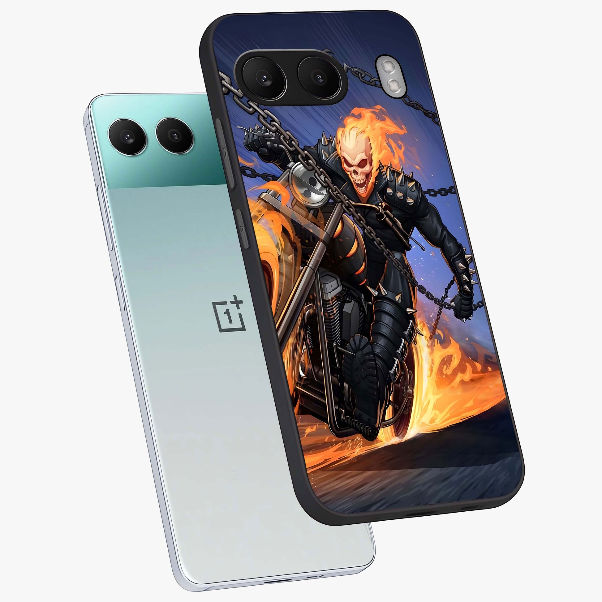 Inferno Chain Rider Glass Case for 1+Nord 4 captured at a warm angle highlighting intense flame details, gloss, and edge clarity.