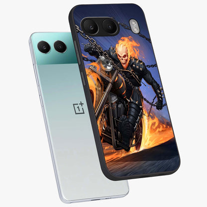 Inferno Chain Rider Glass Case for 1+Nord 4 captured at a warm angle highlighting intense flame details, gloss, and edge clarity.