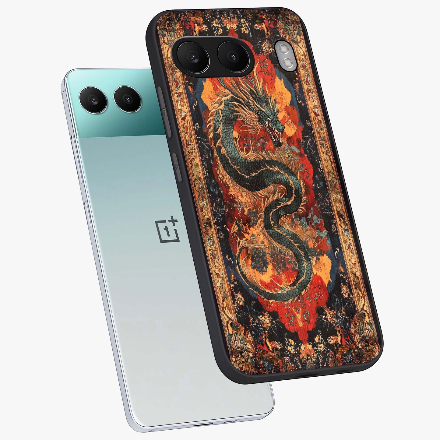 Inferno Dragon Soul Glass Case for 1+Nord 4 captured at a warm angle highlighting fierce fire tones, gloss, and edge clarity.