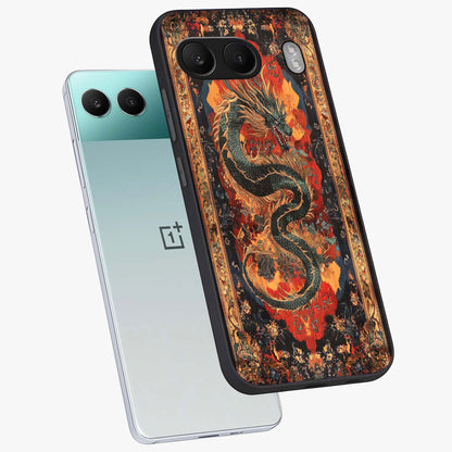 Inferno Dragon Soul Glass Case for 1+Nord 4 captured at a warm angle highlighting fierce fire tones, gloss, and edge clarity.