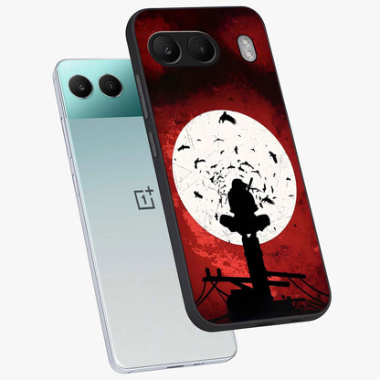 Itachi Limited Edition Naruto Anime Case Glass Case for 1+Nord 4 angled mockup showcasing glossy glass finish and dramatic red tones