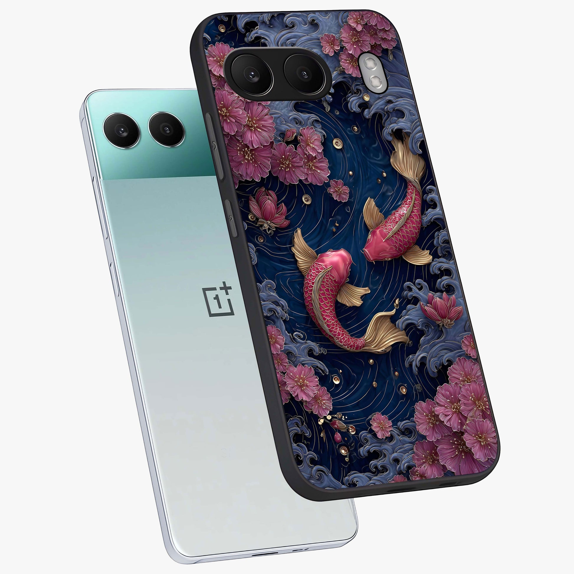 Koi Wave Dance Glass Case for 1+Nord 4 angled mockup showcasing glossy finish and vibrant aquatic tones